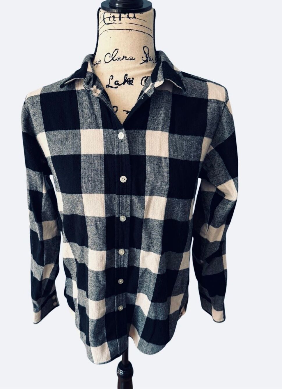 LOFT Black White Buffalo Check Flannel Shirt XS 100% Cotton Plaid Button Down